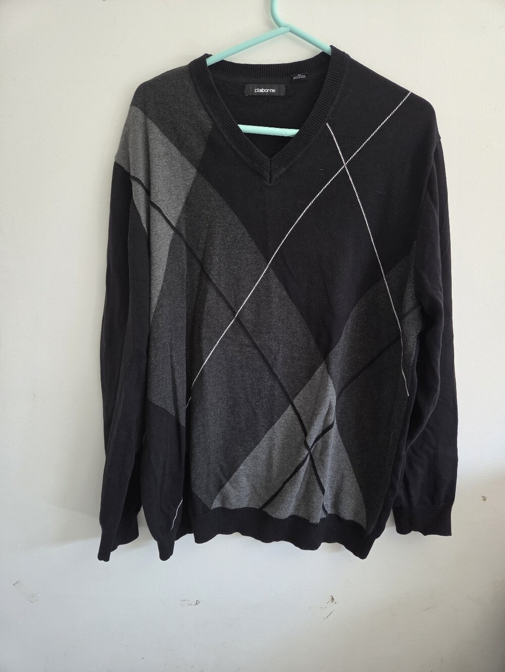 Claiborne Black and Gray Argyle V-Neck Sweater